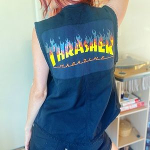 Upcycled Vintage Black Vest W/ Custom Thrasher Embroidered Patch